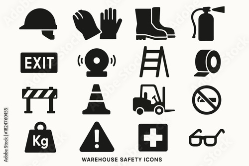 Warehouse safety icons: essential equipment and signage for workplace security