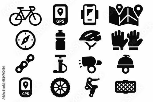 Bicycle icons set: gps, helmet, gloves, map, and accessories