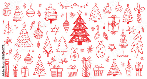 A festive collection of hand drawn christmas ornaments and decorations in red