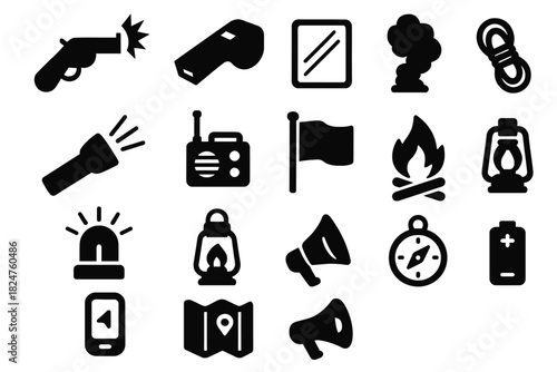 Emergency icon set: tools for safety preparedness and survival essentials