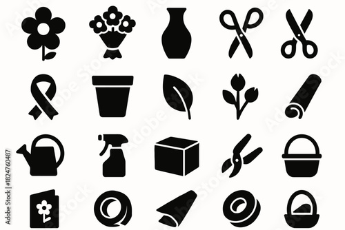 Garden tools and floral icons set