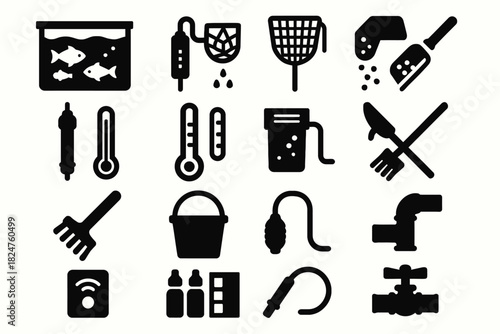 Aquarium equipment icons: fish tank, net, filter, thermometer, bucket, water pump, tap
