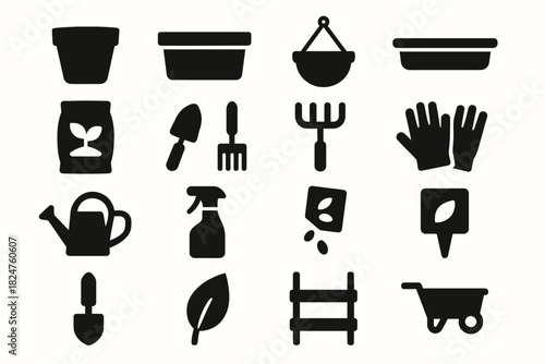 Essential gardening tools icons: pots, tools, seeds, watering cans, gloves