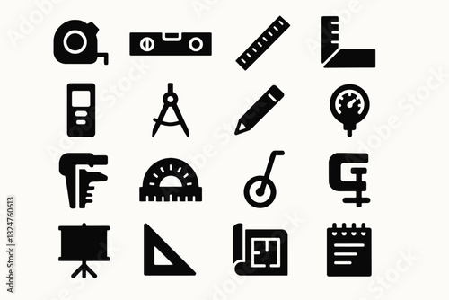 Collection of black silhouette icons of measurement and drafting tools