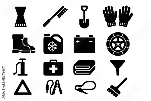 Essential winter car kit icons: tools, safety, and maintenance equipment