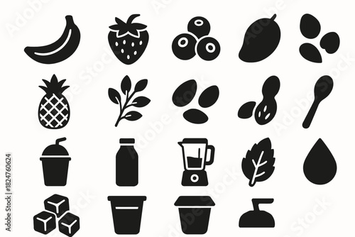 Fruit and kitchen utensil icons: banana, blender, leaf, and more