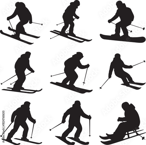 Skier Silhouette Collection Winter Sport Activities and Recreation Theme Vector