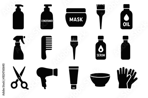 Hair care icon set: shampoo, conditioner, mask, oil, serum, tools