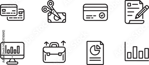 Financial and business icons in outline style on white background Keywords: credit card, debit card