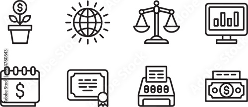 Financial and business icons in a clean outline style on white finance money