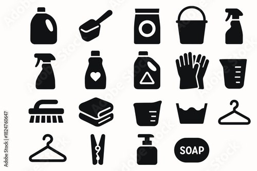 Collection of black cleaning icons featuring bottles, sprayers, gloves, and hangers