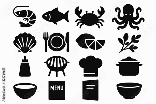 Seafood and cooking icons: fish, shellfish, grill, and kitchen utensils