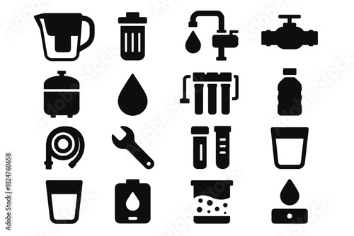 Water filtration and purification icons: faucet, test tube, filter, bottle, drop