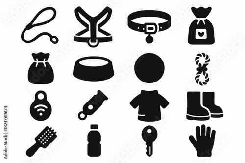 Pet care essentials icons: collar, leash, toy, food, clothing, grooming brush