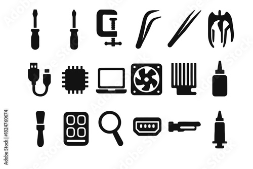 Set of computer repair icons: tools, components, and accessories in black silhouette