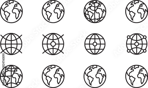 Globe and World Map Icons in Various Stylized Line Designs Keywords: atlas, cartography, connection