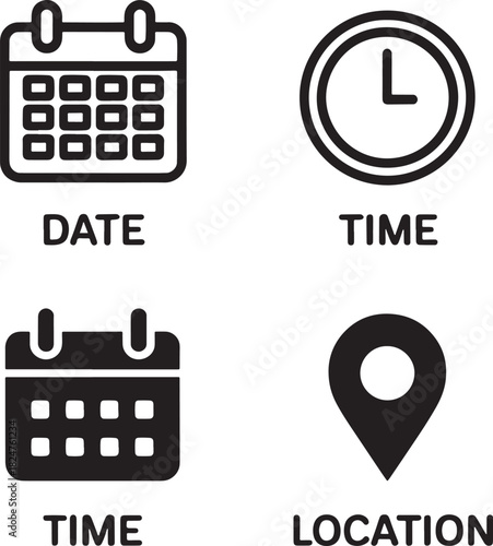 Icons for date time location and calendar with text labels Keywords: date, time, location, calendar
