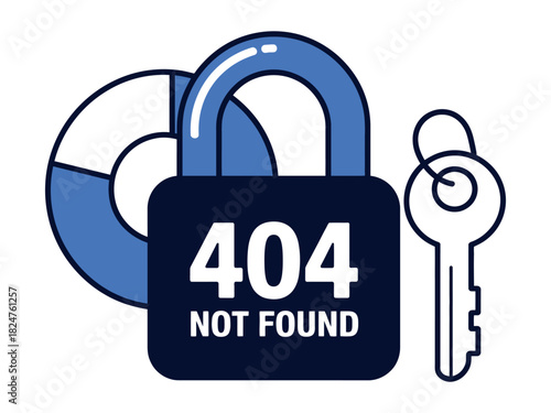 A padlock displays '404 NOT FOUND' next to a key and a pie chart.