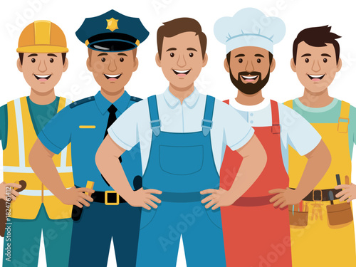 A diverse group of smiling men in various professional uniforms are standing together.
