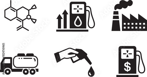 Industrial and fuel icons including factory gas pump and tanker truck industry