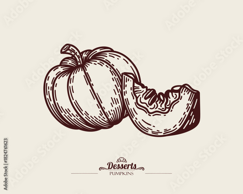 Round pumpkin next to pumpkin slice with seeds. Autumn vegetable, vector linear illustration.