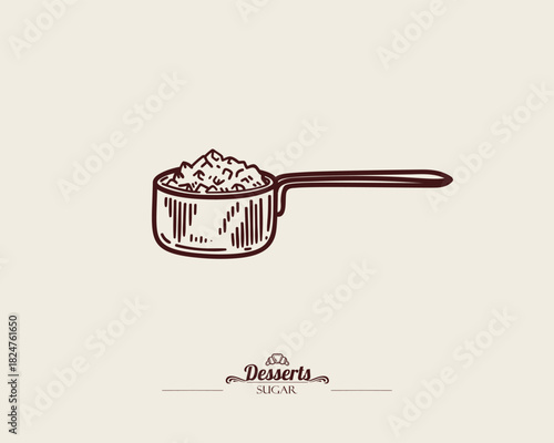 Small measuring spoon with granulated sugar. Spoon with crystal sugar, vector line art illustration.