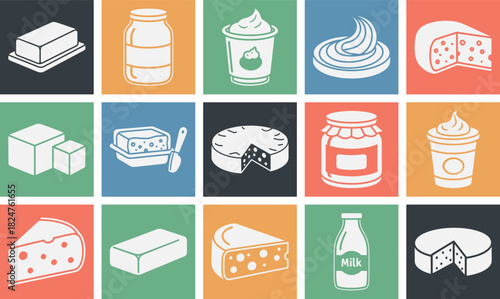 A versatile set of solid icons representing various cheese and dairy products including a cheese wedge slice milk bottle butter block cream jar and yogurt cup suitable for diverse design applications