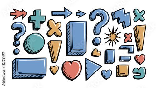 Playful 3D comic style punctuation and symbol icons with colourful hand drawn sketch design elements