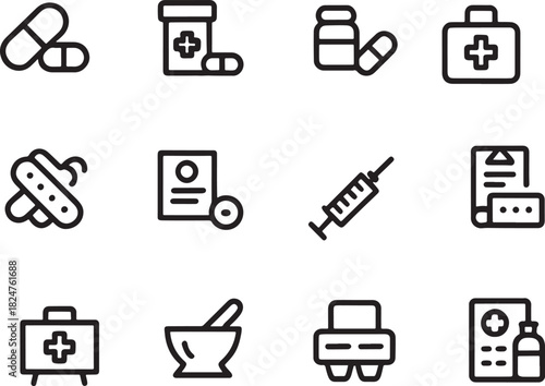 Medical Icons Set With Pills Syringe Mortar And Pestle And First Aid Kit f3b99bt3tfgnetuimuj3fq grid