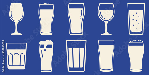 A collection of solid filled happy hour glassware icons including wine glasses tumblers pint glasses highball glasses and coupe glasses presented on a vibrant blue background for a festive atmosphere