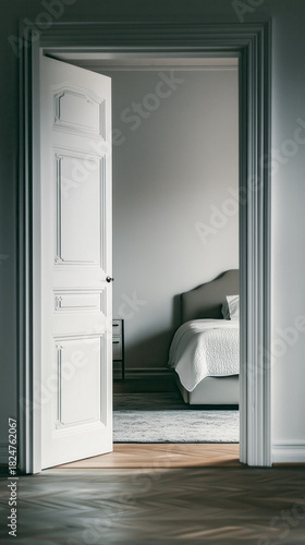 Open doorway revealing a serene, minimalist bedroom interior with soft lighting.