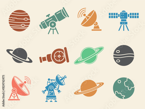 Solid filled icon set for asteroid observation featuring space telescopes radio antennas and star maps offering diverse background color variants for scientific and educational presentations