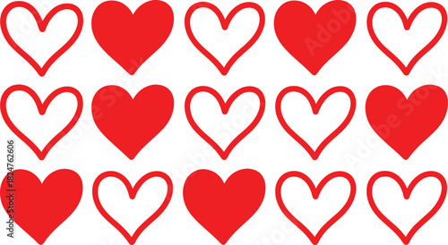 Red and white outline heart shapes in rows hearts love