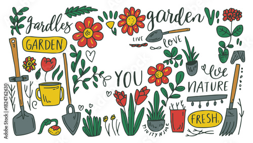 Hand drawn gardening doodle illustration with flowers plants tools and motivational nature typography elements