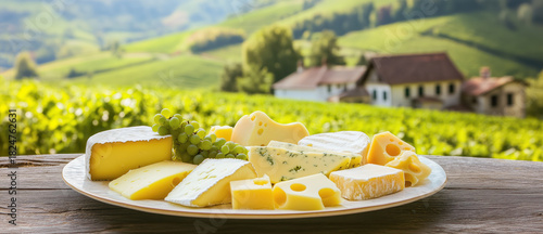 Assorted cheeses with grapes on a wooden platter in a picturesque countryside setting.