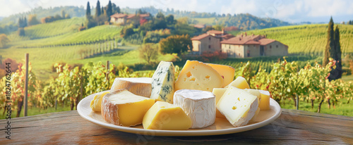 Assorted cheeses on a plate with a scenic vineyard view in the background.