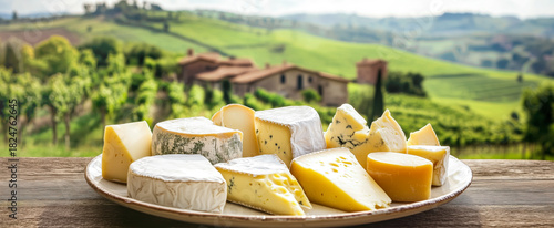 Assorted cheeses on a platter with a scenic countryside backdrop.