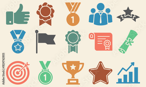 Collection of solid filled icons representing team achievements including a trophy medal certificate target star and growth chart presented on a colorful background with variations