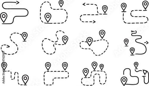 Set of black route maps with location pins on white background Keywords: map, maps, route, routes