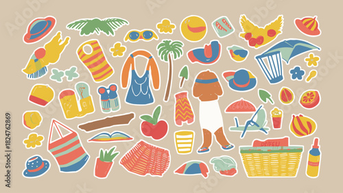 Summer vacation flat illustration with beach accessories, tropical elements, and holiday icons in playful retro cartoon style