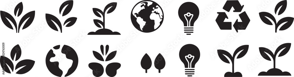 Fototapeta premium Set of environmental icons including plants earth light bulb and recycling symbol Keywords: plant