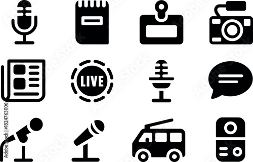 News media communication icons set in black and white vector illustration