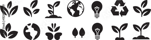 Set of environmental icons including plants earth light bulb and recycling symbol Keywords: plant