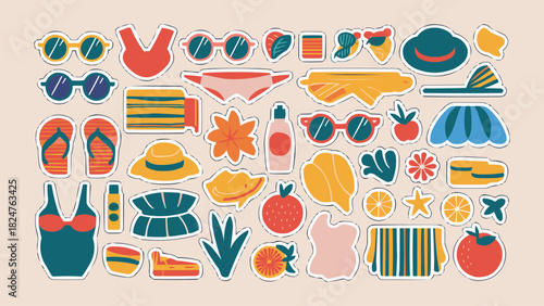 Colorful summer vacation sticker set with beachwear fruits sunglasses and tropical elements in flat cartoon style