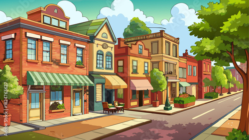 Very beautiful historic streetscape of Fabric Row, showcasing charming brick buildings with ornate facades, vintage shops and eateries, and tree-lined sidewalks, capturing the character of a classic 