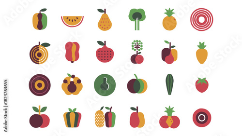 Abstract fruit and vegetable icon set in flat geometric minimal style with colourful organic shapes for healthy food illustration and nutrition design