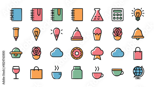 Creative icon collection with stationery education science food and lifestyle elements in colourful flat outline style for modern graphic design
