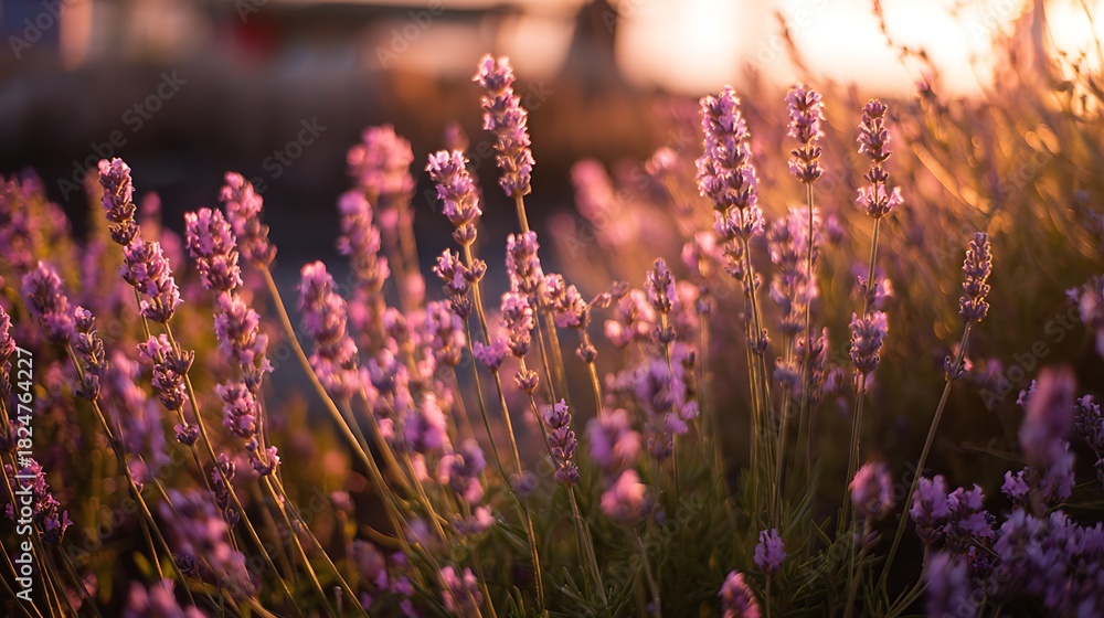 Obraz premium Lavender garden golden hour with pastel lilac soft pink and warm amber sunlight