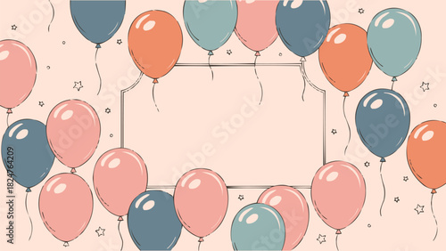 Pastel balloon frame background cute party celebration border with blank center space for invitation greeting or festive design
