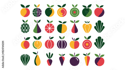Geometric fruit and vegetable icons colorful flat minimal food illustration set for healthy lifestyle design and modern pattern